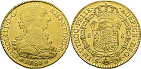 Sevilla. 8 escudos. 1787 parece intuirse rectificado sobre un 6. CM. SC-/SC. Bello ejemplar. Muy escasa