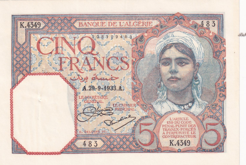 Algeria, 5 Francs, 1933, UNC(-), p77a
UNC(-)
There are dents and pinholes.
Es...