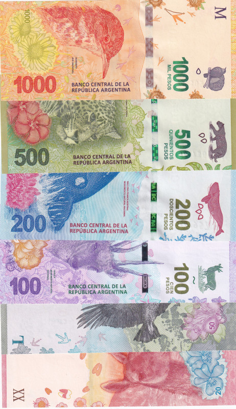 Argentina, 20-50-100-200-500-1.000 Pesos, 2015/2020, UNC, (Total 6 banknotes)
U...