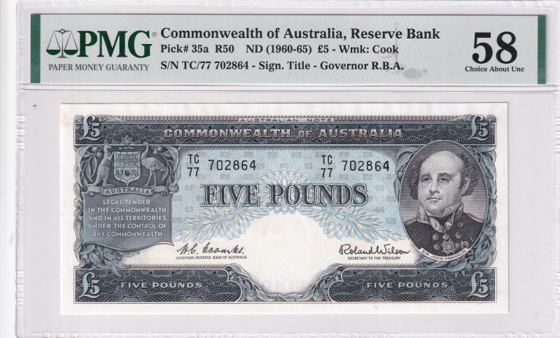 Australia, 5 Pounds, 1960/1965, AUNC, p35a
AUNC
PMG 58 EPQ
Estimate: USD 200 ...