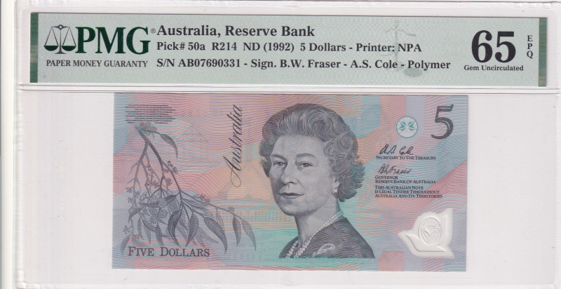 Australia, 5 Dollars, 1992, UNC, p50a
UNC
PMG 65 EPQQueen Elizabeth II Portrai...