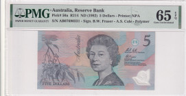 Australia, 5 Dollars, 1992, UNC, p50a
UNC
PMG 65 EPQQueen Elizabeth II Portrait
Estimate: USD 30 - 60