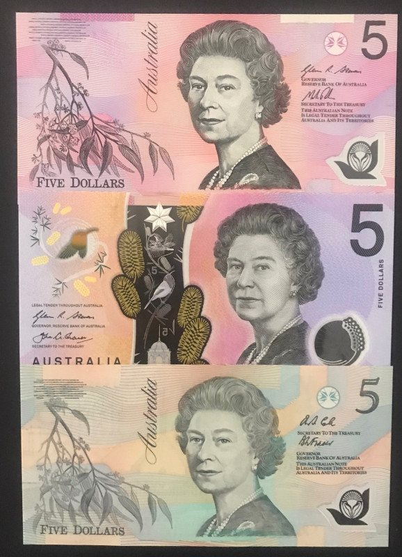 Australia, 5 Dollars, 1993/2016, UNC, p50a; p57h; p62, (Total 3 banknotes)
UNC...