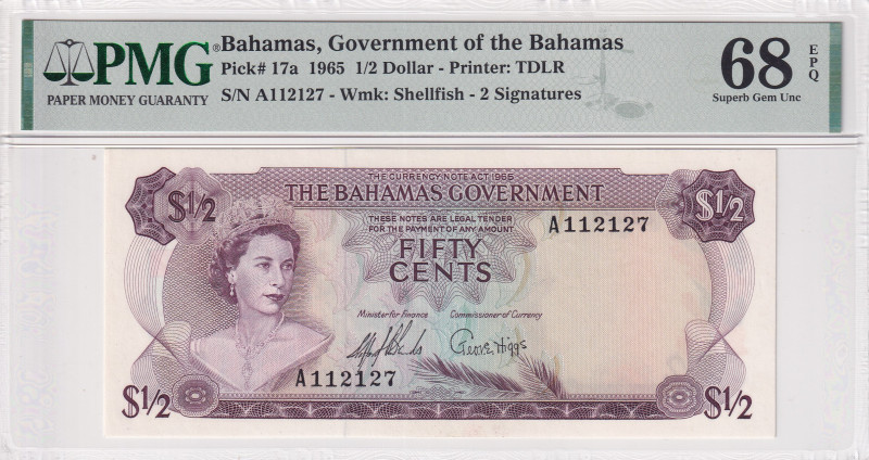 Bahamas, 1/2 Dollar, 1965, UNC, p17a
UNC
PMG 68 EPQHigh ConditionQueen Elizabe...