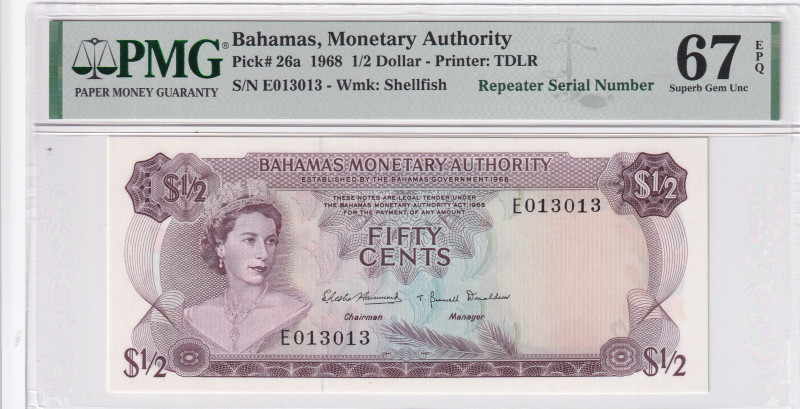 Bahamas, 1/2 Dollar, 1968, UNC, p26a
UNC
PMG 67 EPQQueen Elizabeth II Portrait...