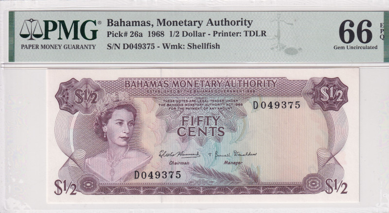 Bahamas, 1/2 Dollar, 1968, UNC, p26a
UNC
PMG 66 EPQQueen Elizabeth II Portrait...
