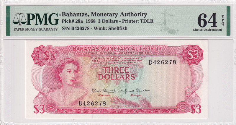 Bahamas, 3 Dollars, 1968, UNC, p28a
UNC
PMG 64 EPQQueen Elizabeth II Portrait...