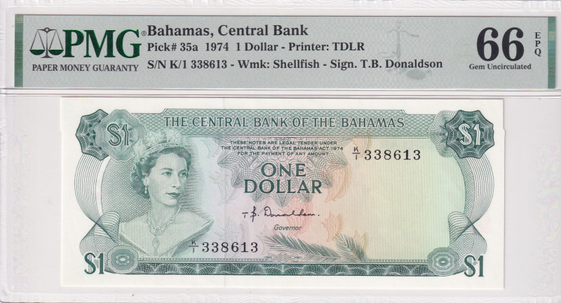 Bahamas, 1 Dollar, 1974, UNC, p35a
UNC
PMG 66 EPQQueen Elizabeth II Portrait
...