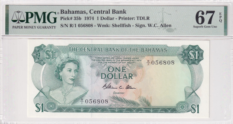 Bahamas, 1 Dollar, 1974, UNC, p35b
UNC
PMG 67 EPQQueen Elizabeth II PortraitHi...