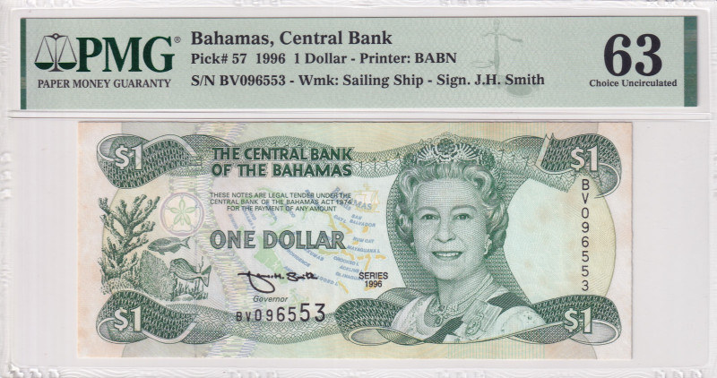 Bahamas, 1 Dollar, 1996, UNC, p57
UNC
PMG 63Queen Elizabeth II Portrait
Estim...