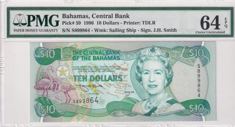 Bahamas, 10 Dollars, 1996, UNC, p59
UNC
PMG 64 EPQQueen Elizabeth II Portrait...