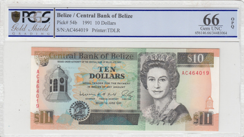 Belize, 10 Dollars, 1991, UNC, p54b
UNC
PCGS 66 OPQQueen Elizabeth II Portrait...