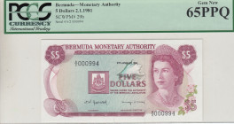 Bermuda, 5 Dollars, 1981, UNC, p29b
UNC
PCGS 65 PPQLow Serial NumberQueen Elizabeth II Portrait
Estimate: USD 75 - 150