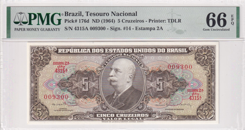 Brazil, 5 Cruzeiros, 1964, UNC, p176d
UNC
PMG 66 EPQ
Estimate: USD 35 - 70