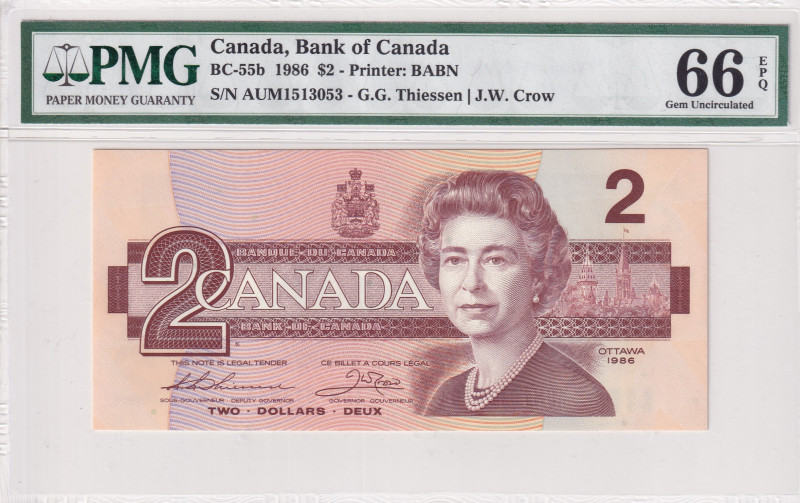 Canada, 2 Dollars, 1986, UNC, p94b
UNC
PMG 66 EPQQueen Elizabeth II Portrait
...