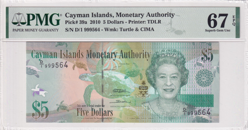 Cayman Islands, 5 Dollars, 2010, UNC, p39a
UNC
PMG 67 EPQPortrait of Queen Eli...