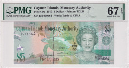 Cayman Islands, 5 Dollars, 2010, UNC, p39a
UNC
PMG 67 EPQPortrait of Queen Elizabeth II, First Thousand Serial NumberHigh Condition
Estimate: USD 4...