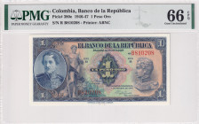 Colombia, 1 Peso Oro, 1947, UNC, p380e
UNC
PMG 66 EPQ
Estimate: USD 125 - 250