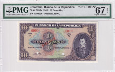 Colombia, 10 Peso Oro, 1949, UNC, p389ds, SPECIMEN
UNC
PMG 67 EPQHigh Condition
Estimate: USD 300 - 600
