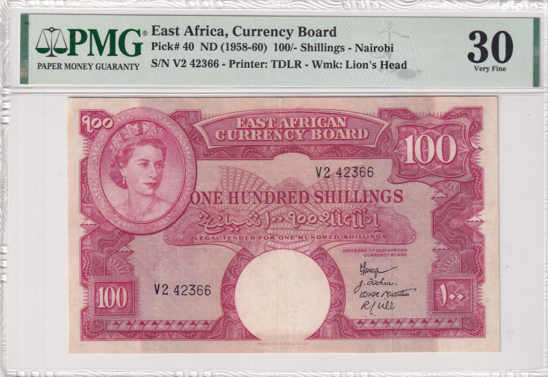 East Africa, 100 Shillings, 1958/1960, VF, p40
VF
PMG 30Queen Elizabeth II Por...