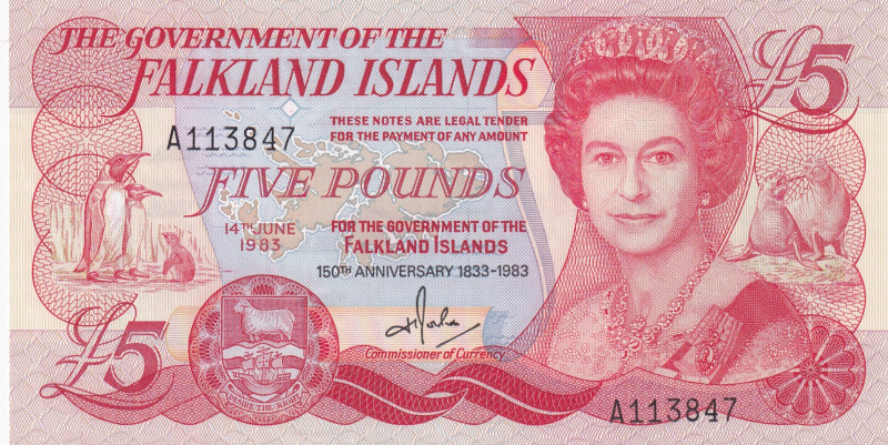 Falkland Islands, 5 Pounds, 1983, UNC, p12a
UNC
Queen Elizabeth II Portrait, C...