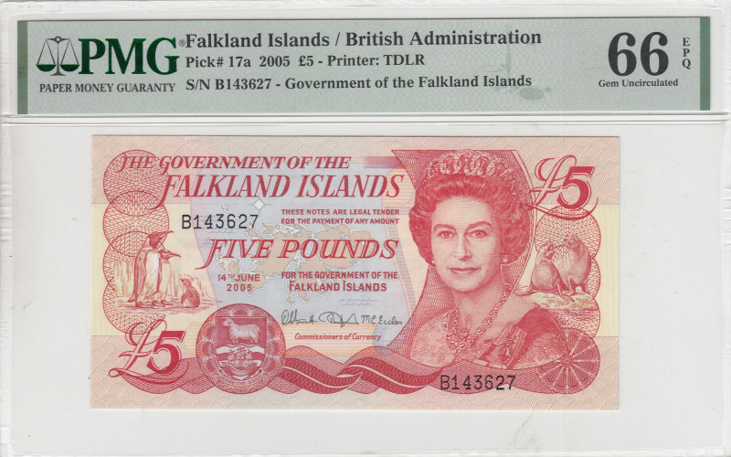 Falkland Islands, 5 Pounds, 2005, UNC, p17a
UNC
PMG 66 EPQQueen Elizabeth II P...