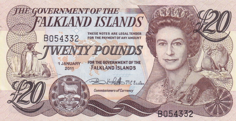 Falkland Islands, 20 Pounds, 2011, UNC, p19
UNC
Queen Elizabeth II Portrait
E...