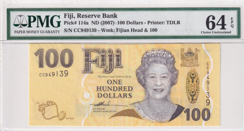 Fiji, 100 Dollars, 2007, UNC, p114a
UNC
PMG 64 EPQQueen Elizabeth II Portrait...