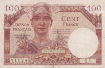 France, 100 Francs, 1947, VF(-), pM9
VF(-)
For use by French Army personnel in the occupied territories in Germany and Austria, there are rips on th...