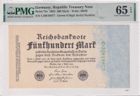 Germany, 500 Mark, 1922, UNC, p74c
UNC
PMG 65 EPQ
Estimate: USD 100 - 200