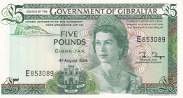 Gibraltar, 5 Pounds, 1988, UNC, p21b
UNC
Queen Elizabeth II Portrait
Estimate: USD 20 - 40