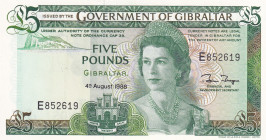 Gibraltar, 5 Pounds, 1988, UNC, p21b
UNC
Queen Elizabeth II Portrait
Estimate: USD 20 - 40