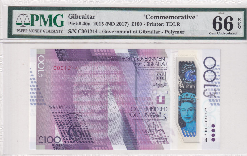 Gibraltar, 100 Pounds, 2017, UNC, p40a
UNC
PMG 66 EPQQueen Elizabeth II Portra...