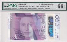 Gibraltar, 100 Pounds, 2017, UNC, p40a
UNC
PMG 66 EPQQueen Elizabeth II Portrait, Commemorative BanknotePolymer
Estimate: USD 300 - 600