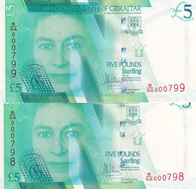 Gibraltar, 5 Pounds, 2020, UNC, p42, (Total 2 consecutive banknotes)
UNC
Low S...