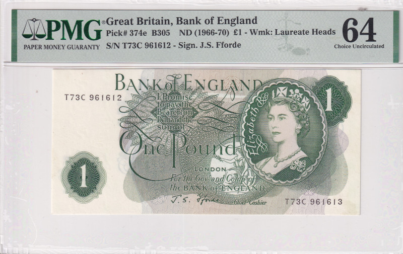 Great Britain, 1 Pound, 1966/1970, UNC, p374e
UNC
PMG 64Queen Elizabeth II Por...