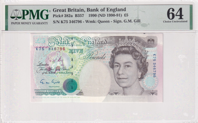 Great Britain, 5 Pounds, 1990/1991, UNC, p382a
UNC
PMG 64Queen Elizabeth II Po...