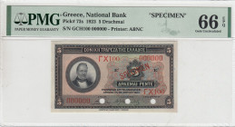 Greece, 5 Drachmai, 1923, UNC, p73s, SPECIMEN
UNC
PMG 66 EPQ
Estimate: USD 600 - 1200