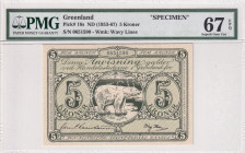 Greenland, 5 Kroner, 1953/1967, UNC, p18s, SPECIMEN
UNC
PMG 67 EPQHigh Condition
Estimate: USD 500 - 1000