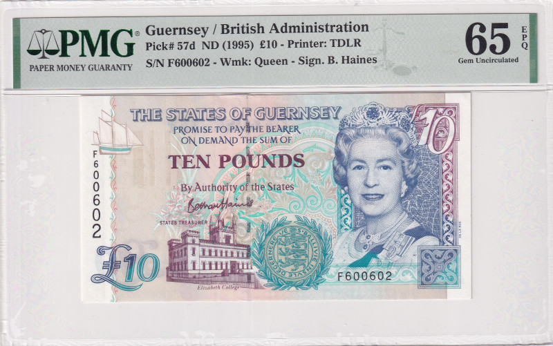 Guernsey, 10 Pounds, 1995, UNC, p57d
UNC
PMG 65 EPQIt has serial tracking numb...