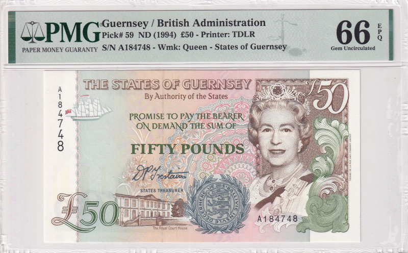 Guernsey, 50 Pounds, 1994, UNC, p59
UNC
PMG 66 EPQQueen Elizabeth II Portrait...