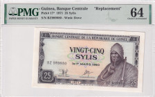 Guinea, 25 Sylis, 1971, UNC, p17, REPLACEMENT
UNC
PMG 64 
Estimate: USD 25 - 50