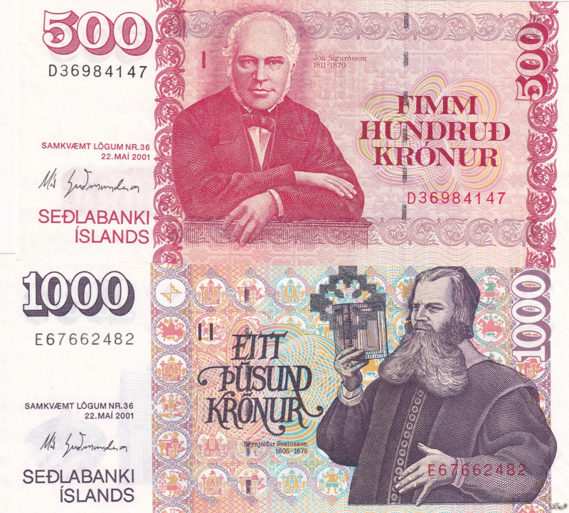 Iceland, 500-1.000 Kronur, 2001, UNC, p58; p59, (Total 2 banknotes)
UNC
Estima...