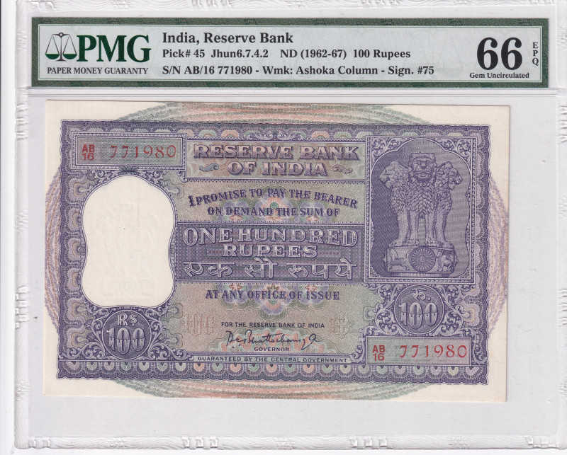 India, 100 Rupees, 1962/1967, UNC, p45
UNC
PMG 66 EPQ
Estimate: USD 650 - 130...