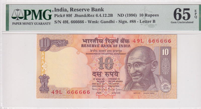 India, 10 Rupees, 1996, UNC, p89f
UNC
PMG 65 EPQSOLID 6's
Estimate: USD 75 - ...