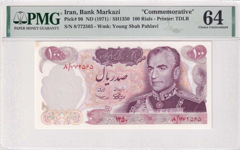 Iran, 100 Rials, 1971, UNC, p98
UNC
PMG 64Commemorative banknote
Estimate: US...