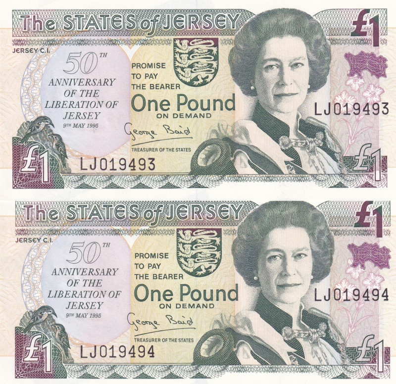Jersey, 1 Pound, 1995, UNC, p20a, (Total 2 consecutive banknotes)
UNC
Queen El...