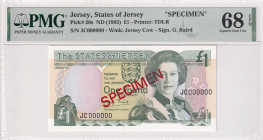 Jersey, 1 Pound, 1993, UNC, p20s, SPECIMEN
UNC
PMG 68 EPQHigh ConditionQueen Elizabeth II Portrait
Estimate: USD 30 - 60