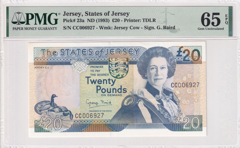 Jersey, 20 Pounds, 1993, UNC, p23a
UNC
PMG 65 EPQQueen Elizabeth II Portrait
...