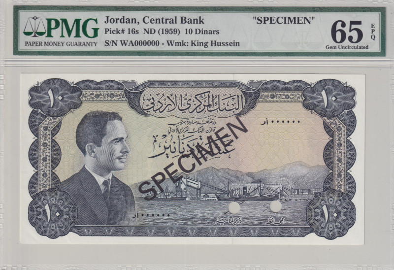 Jordan, 10 Dinars, 1959, UNC, p16s, SPECIMEN
UNC
PMG 65 EPQ
Estimate: USD 150...